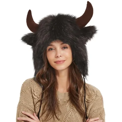 Fluffy Trapper Hat with Cute Ox Horns
