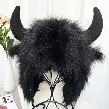 Fluffy Trapper Hat with Cute Ox Horns - Image 5