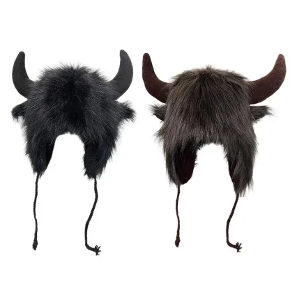 Fluffy Trapper Hat with Cute Ox Horns - Image 3