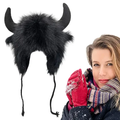Fluffy Trapper Hat with Cute Ox Horns - Image 2