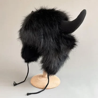 Fluffy Trapper Hat with Cute Ox Horns - Image 4