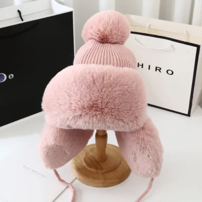 Knitted Cozy Ushanka with Pompom Decor - Image 2
