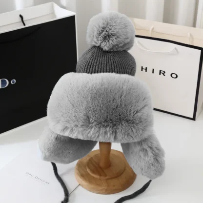 Knitted Cozy Ushanka with Pompom Decor - Image 3