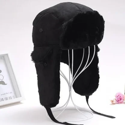 Black Warm Trapper Hat with Lace-up Ear Flaps - Image 4
