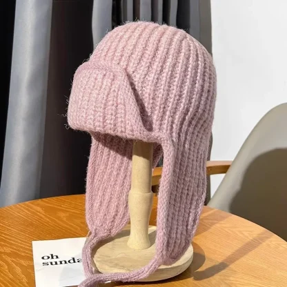 Knitted Solid Color Trapper Hat with Ear Flaps - Image 2
